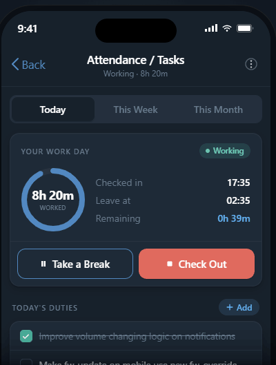 Workbot mini app showing a live work timer, today's duties, and Check Out button